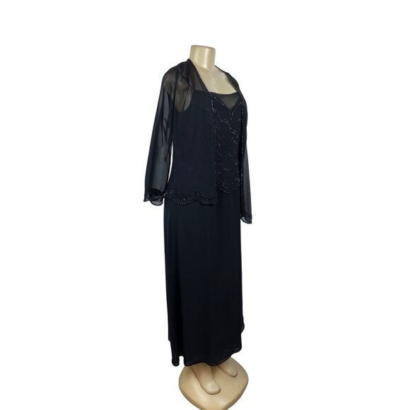 Jade By Jasmine Black Beaded Long 2Pcs Set Evening Dress With Sheer Jacket Sz 16 - Picture 2 of 8